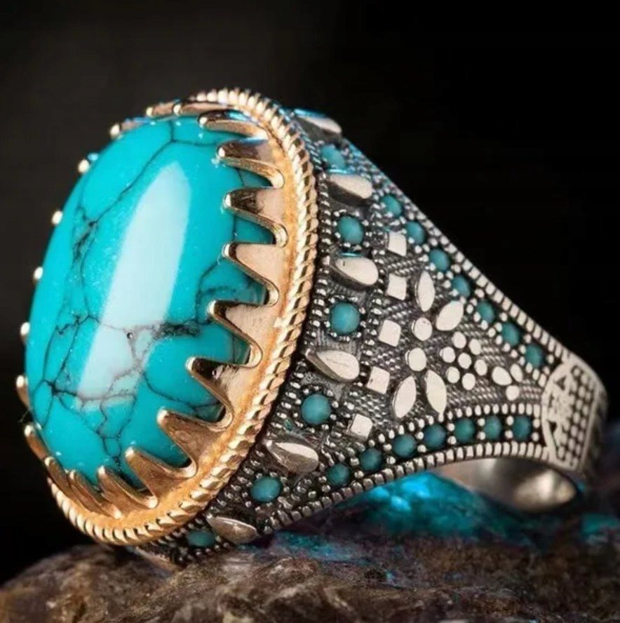 Srebrny Elegancki Sygnet z Dużym Turkusem Złoty Luksusowy Stal Szlachetna