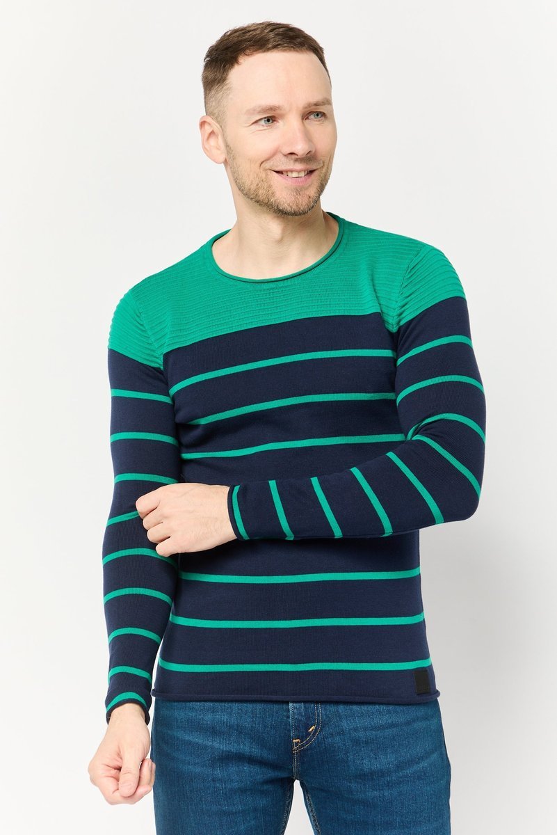 GUESS GRANATOWY SWETER MĘSKI WZÓR PASKI Z BAWEŁNY XS GGA
