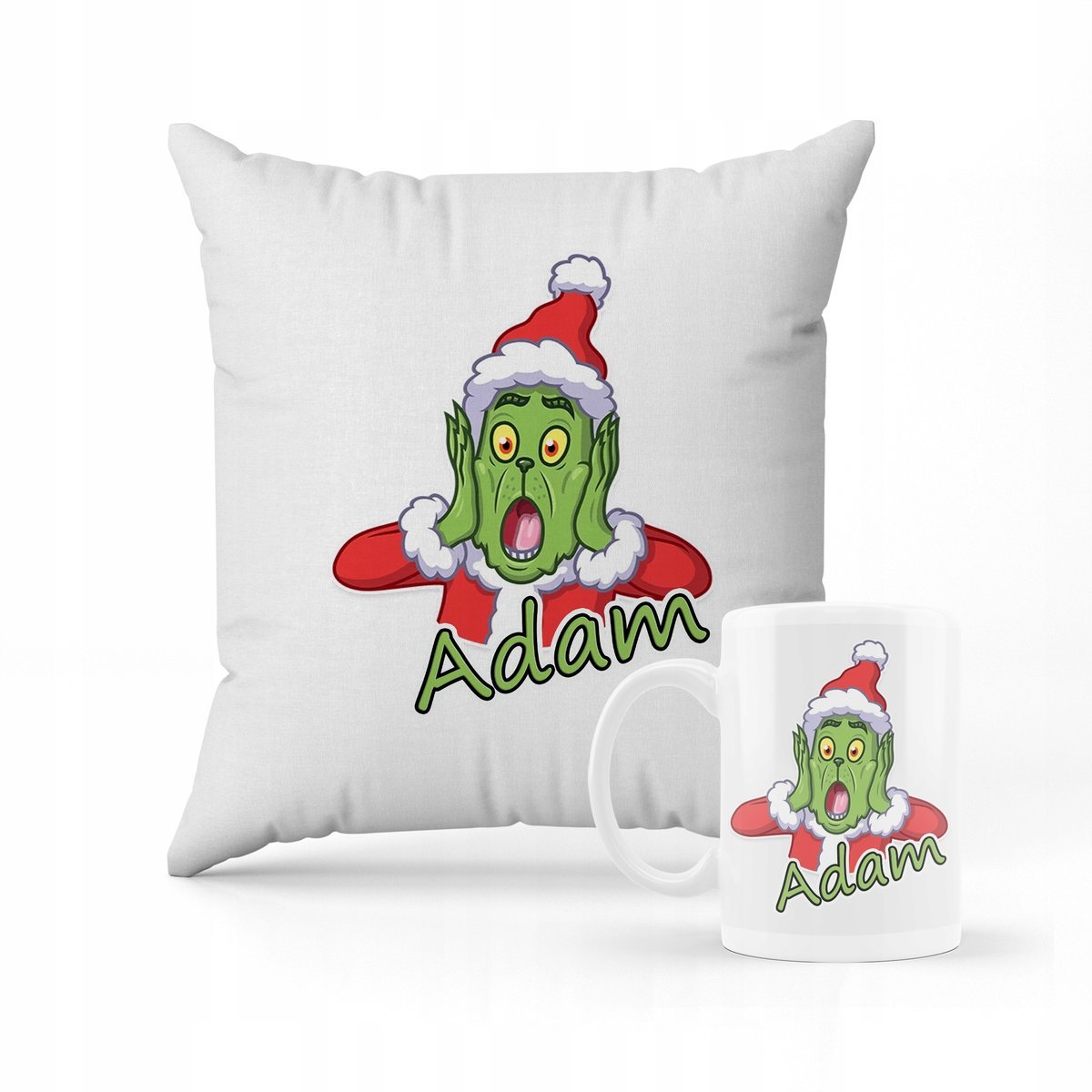 ZESTAW PODUSZKA + KUBEK Prezent Grinch święta + IMIĘ 2