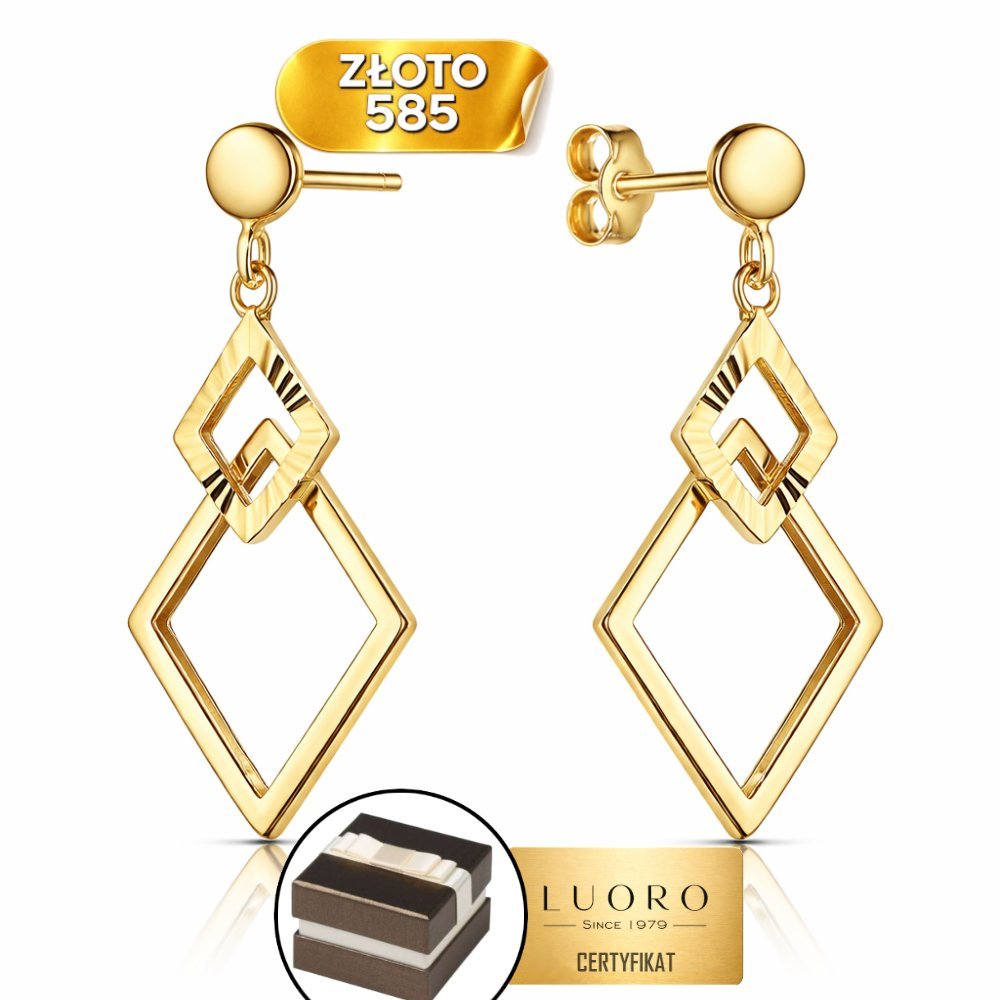 KOLCZYKI ZŁOTE 585 14K WISZĄCE ROMBY Z DIAMENTOWANIEM 29 MM PRESTIŻ