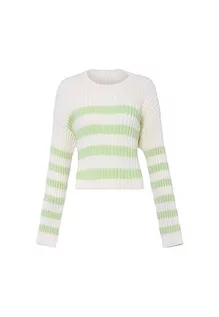 Swetry damskie - myMo Damski sweter w paski Wełna biała limonka XL/XXL, Wełna biała, limonka, XL - grafika 1