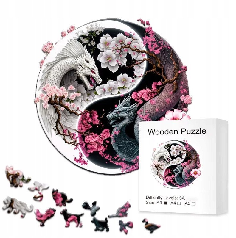 Drewniane puzzle / Wooden Puzzle / smok Yin Yang / Duży Format A3 / 180 el