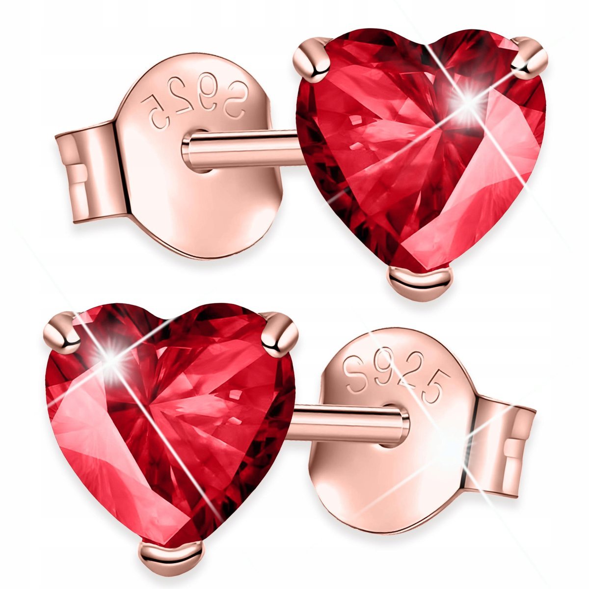 Kolczyki Pozłacane Czerwone Kryształowe Serca Rubinowa Cyrkonia SREBRO 925