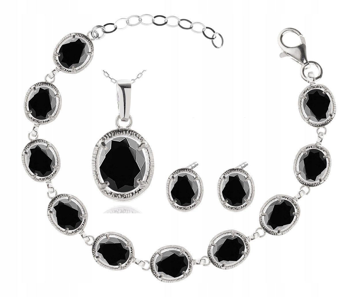 Piękny Komplet Biżuterii Z Czarnymi Cyrkoniami