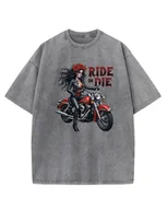 Koszulki i topy damskie - Koszulka oversize efekt sprania Motocykl Kobieta Kwiaty szary M - miniaturka - grafika 1