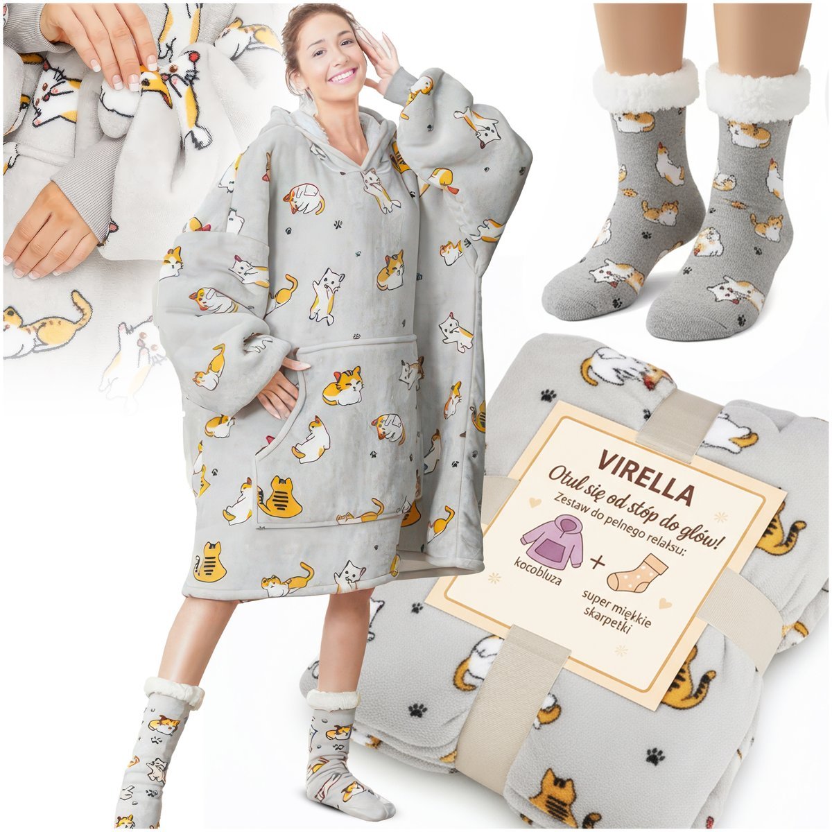 KOC BLUZA OVERSIZE GRUBA KOCOBLUZA Z KAPTUREM W KOTY FUTRZAK XXL + SKARPETY