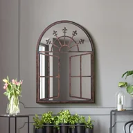 Lustra - MirrorOutlet The Kirkby - rustykalne metalowe oprawione lustro ścienne w stylu okna kościelnego łukowe 89 x 69 cm (89 cm x 69 cm) szklane lustro z czarnym spodem na każdą pogodę - miniaturka - grafika 1