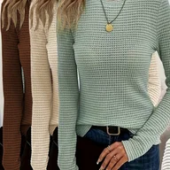 Bluzki damskie - TEMU 3 szt. Damskie koszulki z długim rękawem i okrągłym dekoltem - miękkie, przytulne topy na jesień/zimę w kolorze beżowym, białym i szarem, - miniaturka - grafika 1