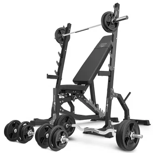 Zestaw MS8_2.0_113KG | Dwustronnie regulowana ławka treningowa + wielopoziomowe stojaki (2 sztuki) + zestaw gryfów i obciążeń 113 kg - Marbo Sport - Ławki treningowe - miniaturka - grafika 1