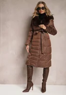 Kurtki damskie - Brązowa Pikowana Kurtka Płaszcz za Kolano z Wiązanym Paskiem i Futerkiem Vivenda - miniaturka - grafika 1