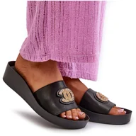 Klapki i japonki damskie - Eleganckie Lekkie Klapki Damskie Z Ozdobą Skóra Naturalna S.Barski KV27-013 Czarne - miniaturka - grafika 1