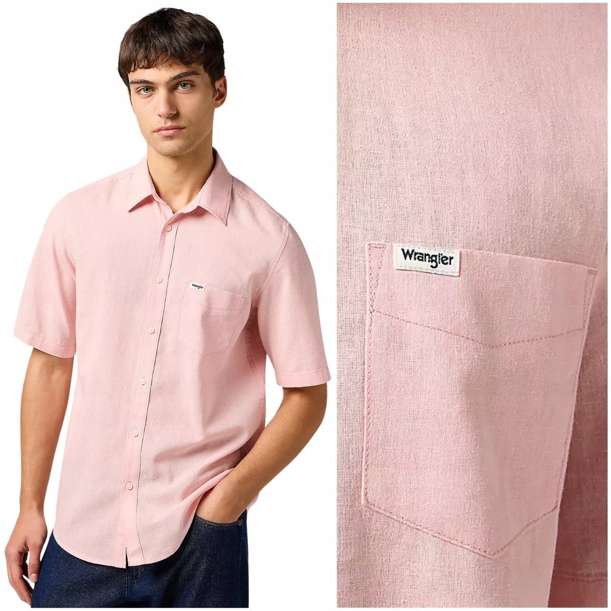Wrangler 1 Pkt Shirt Silver Pink lniano bawełniana koszula krótki rękaw S