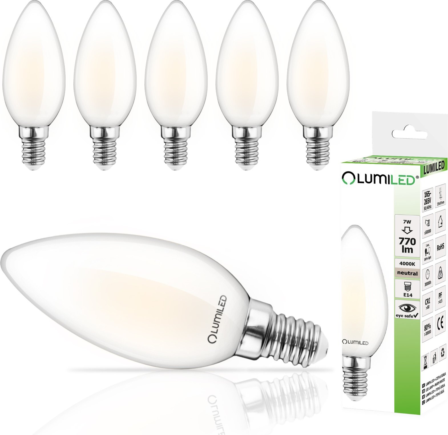 LUMILED B35 E14 żarówka LED 6 sztuk zestaw 7W (zastępuje 70W) 770 lumenów żarówki mleczne szklane żarówki świece 4000K neutralna biel żarówki 360°