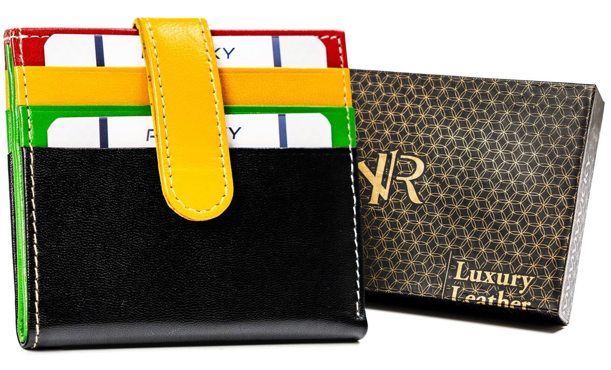 Skórzane kolorowe etui na karty wizytówki dokumenty składane zamykane na zatrzask ochrona RFID STOP pudełko prezentowe