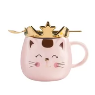 Kubki - Kubek Ceramiczny Z Kotem Kot 480 ml z Przykrywką i Łyżeczką Różowy - miniaturka - grafika 1