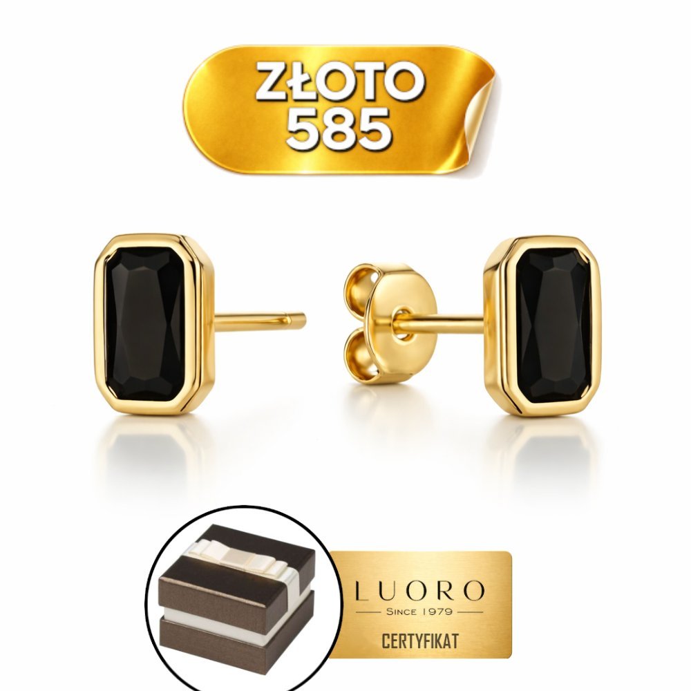 KOLCZYKI ZŁOTE 585 14K PROSTOKĄTY Z CZARNYM KAMIENIEM SZTYFT 0,6 CM