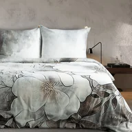 Pościel - Pościel satynowa DAISY 160x200 Eva Minge Eurofirany stalowa kremowa w duże w duże szkicowane kwiaty - miniaturka - grafika 1