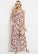 Kombinezony - Niebiesko-Brązowy Kombinezon z Długimi Nogawkami Wiązanymi Ramiączkami i Abstrakcyjnym Printem Izara - miniaturka - grafika 1