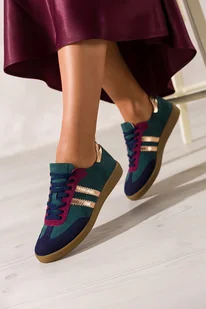 Zielone sneakersy skórzane damskie buty sportowe z bordowymi i złotymi wstawkami sznurowane PRODUKT POLSKI Casu N1068-39 - Sneakersy damskie - miniaturka - grafika 1