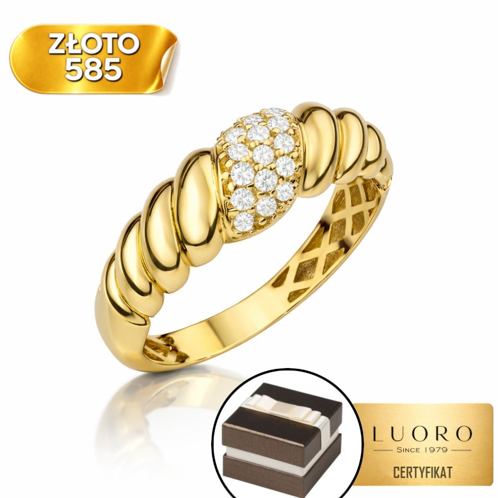 PIERŚCIONEK ZŁOTY 585 14K PLECIONY Z CYRKONIAMI ŻÓŁTY R16