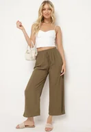 Spodnie damskie - Ciemnozielone Bawełniane Spodnie z Szerokimi Nogawkami Palazzo z Gumką w Pasie Nesira - miniaturka - grafika 1