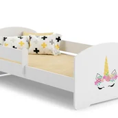 Łóżka dla dzieci i młodzieży - Białe Łóżko Dziecięce 160x80 cm z Rysunkiem Jednorożca i Barierką – Zawiera Piankowy Materac i Pełną Ramę, Wymiary 164x88x63 cm - miniaturka - grafika 1
