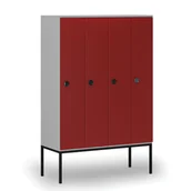 Szafy biurowe - Drewniana szafa ubraniowa z podstawą, 4 przegródki, zamek kodowy, szary/czerwony - miniaturka - grafika 1