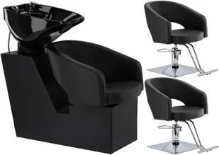 Greta Black Zestaw myjnia fryzjerska i 2 x fotel fryzjerski hydrauliczny obrotowy podnóżek do salonu fryzjerskiego myjka ruchoma misa ceramiczna armatura bateria słuchawka - Meble fryzjerskie - miniaturka - grafika 1
