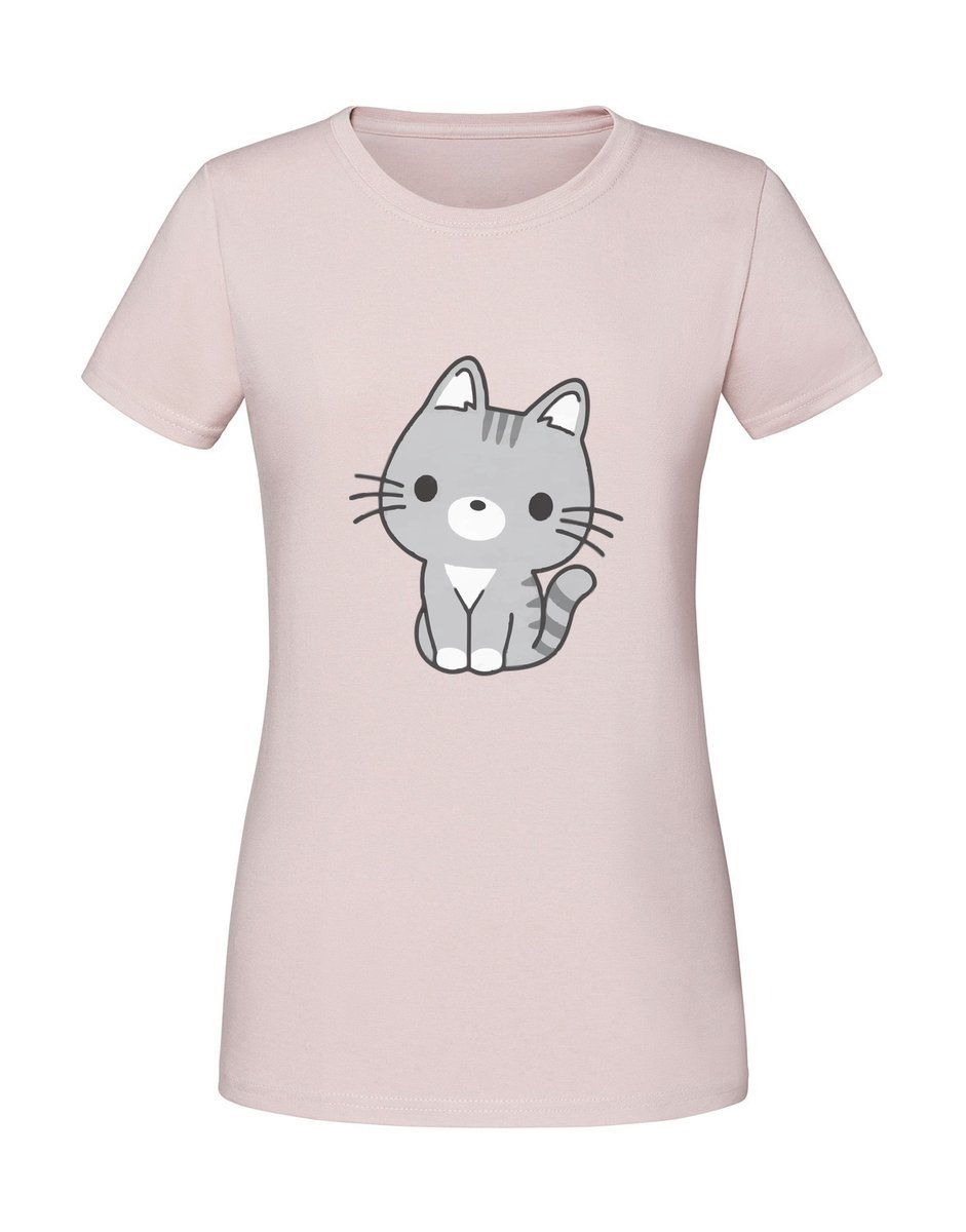Damska koszulka z nadrukiem - kot kawaii Pudrowy Róż XL