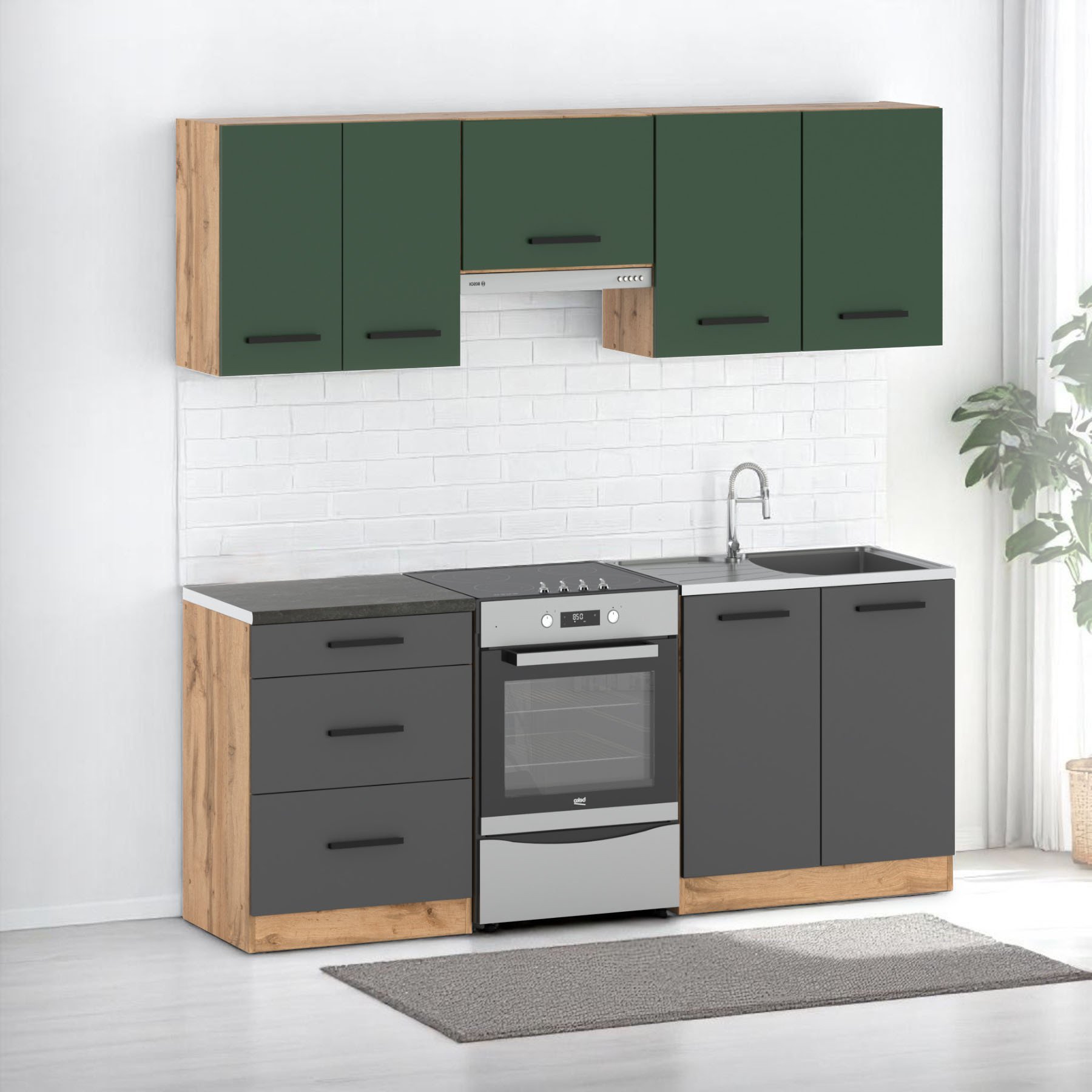 Kuchnia Mała Modułowa Z Blatem 2m Nowoczesna Wotan Butelkowa Zieleń Szara