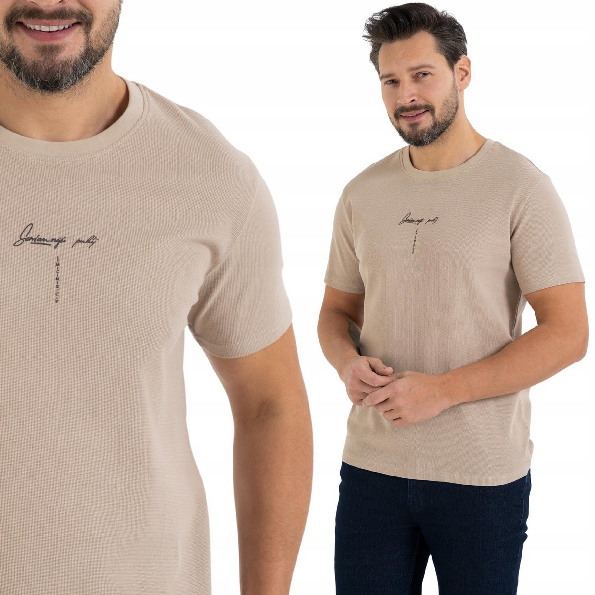 KOSZULKA T-SHIRT MĘSKI REGULAR FIT KLASYCZNY WYGODNY 100% BAWEŁNA MORAJ M BEIGE