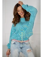 Swetry damskie - AŻUROWY SWETER MAYA POLSKI PRODUCENT J&K PREMIUM -  TURKUS - ETNEE - miniaturka - grafika 1