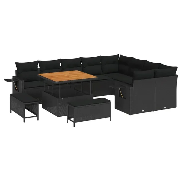 12-elementowy zestaw modułowych sof ogrodowych, czarny polirattan, 70 cm