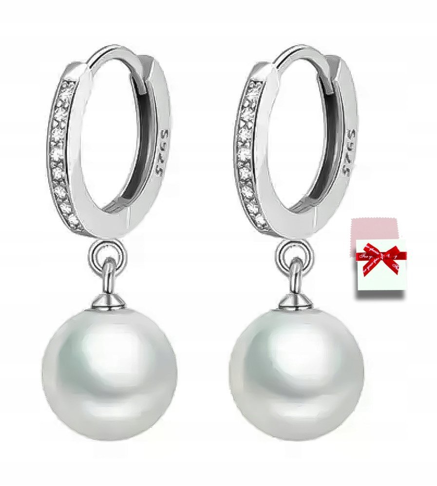 Kolczyki srebrne damskie wiszące z perłami 8 mm,Srebro próba 925 ,prezent