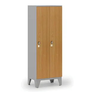 Drewniana szafa ubraniowa, obniżona, 2-drzwiowa, 1660 x 600 x 400 mm, zamek obrotowy, szary/buk - Szafki BHP - miniaturka - grafika 1