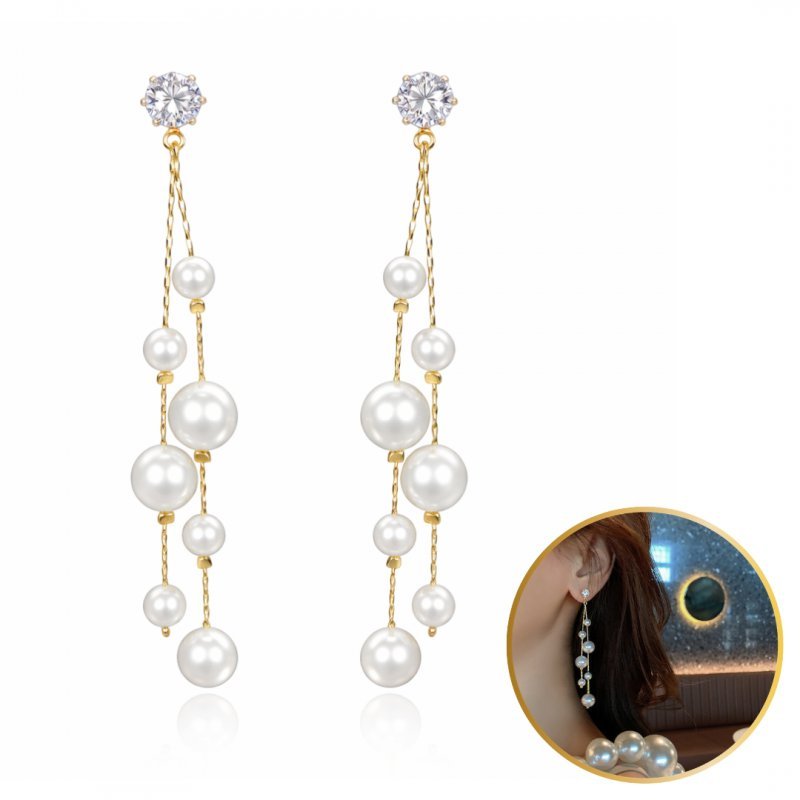 Kolczyki Wiszące Efektowne Z Perełkami I Cyrkonią Białe Sztyft