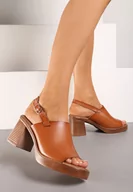 Sandały damskie - Brązowe Casualowe Sandały na Słupku z Odkrytą Piętą i Sprzączką Evola - miniaturka - grafika 1