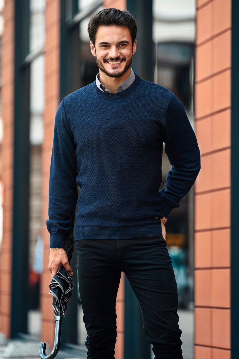 Granatowy półgolf męski kardigan z wełny merino SL05 Antonio XL