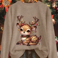 Swetry damskie - TEMU Damski świąteczny sweter z podszewką i nadrukiem kreskówkowego jelenia, długi rękaw, okrągły dekolt, gruba podszewka z polaru, festynowy wzór, - miniaturka - grafika 1