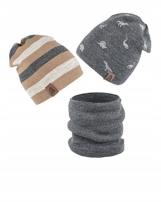 Komplet 50-216 Czapka dwustronna+tuba/komin chłopięcy BEŻ 50-52cm