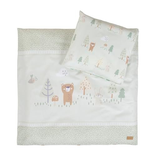 roba Pościel kołyskowa Woodland Buddies z bawełny – poszewka na kołdrę 80 x 80 cm + poduszka 35 x 40 cm – pościel dziecięca w pastelowej zieleni z misiem, zającem, pszczołą i motywem lasu