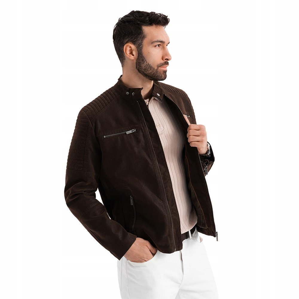 Męska kurtka biker w stylu retro ze stójką brązowa V1 OM-JAFL-0197 S