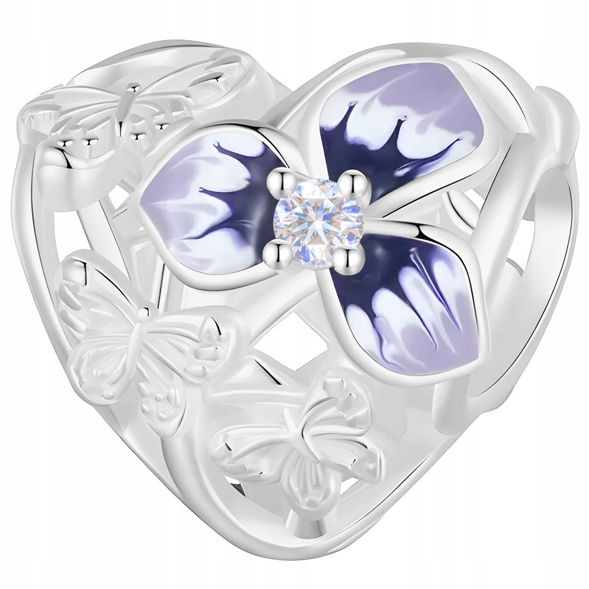 Charms Srebrny Serce z Motylami Kwiat Życia Bratek Owad Motyl SREBRO 925