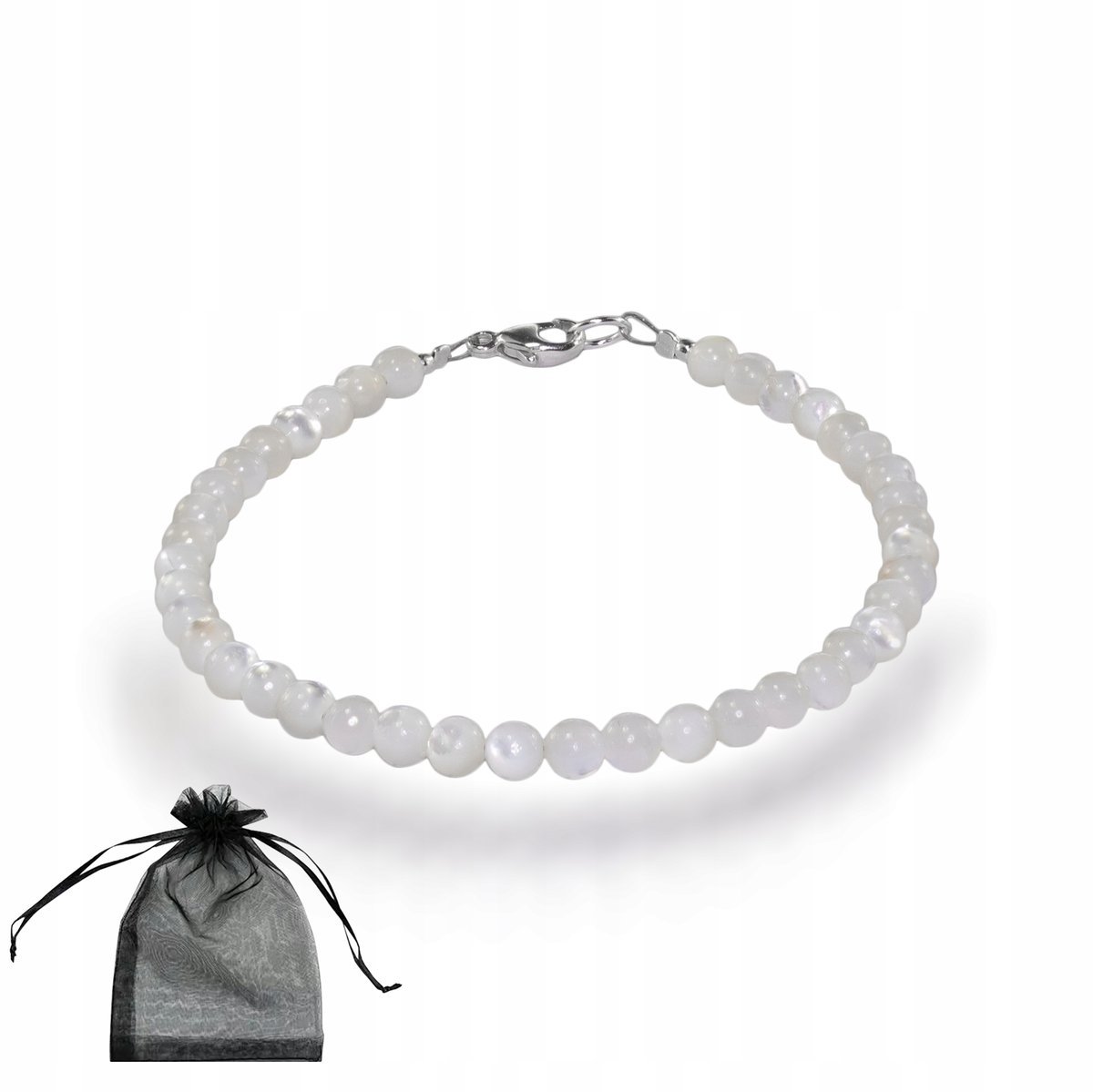 Bransoletka z gładkich kulek masy perłowej ze srebrnym zapięciem dł 19cm, bez marki, AG00000028