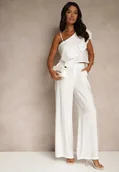 Komplety damskie - Biały Komplet z Wiskozą Top z Falbanką na Jedno Ramię i Spodnie Wide Leg Nirellea - miniaturka - grafika 1