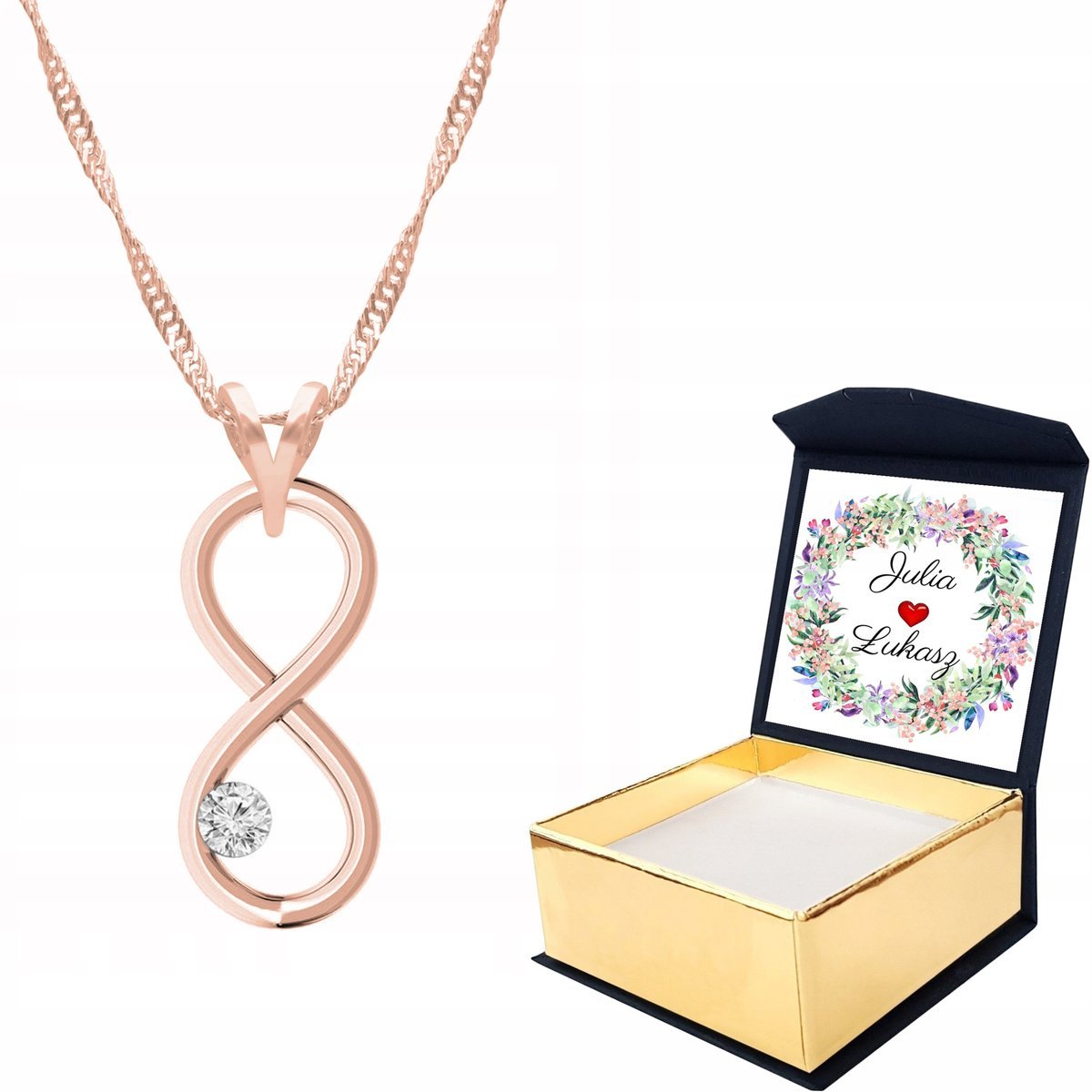 Naszyjnik róż złoto Nieskończoność + WŁASNY NADRUK