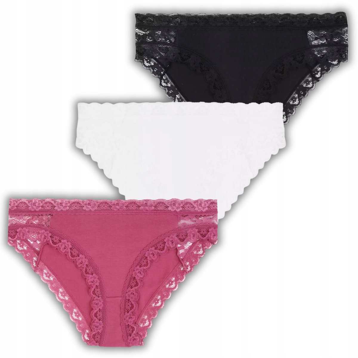 3X Zestaw Figi Bawełniane Majtki Damskie Bikini Z Koronką Kobiece Moraj S