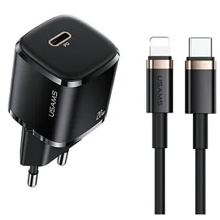 USAMS Ład. siec. 1xUSB-C T36 mini 20W + kabel USB-C-Lightning czarny/black PD3.0 Fast Charging XFKXLOGTL01 (US-CC124+US-SJ484) - Ładowarki do telefonów - miniaturka - grafika 1