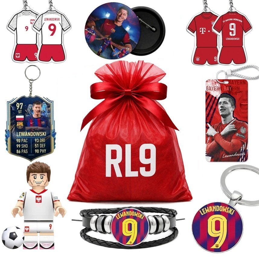ZESTAW KIBICA ROBERT LEWANDOWSKI PREZENTOWY 12 EL. BRELOK KOSZULKA FIGURKA