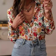 Koszule damskie - TEMU Elegancka bluzka damską w stylu francuskim z kwiatowym wzorem - błyszczące czerwone, różowe i niebieskie kwiaty z zielonymi liśćmi, długi rękaw, - miniaturka - grafika 1